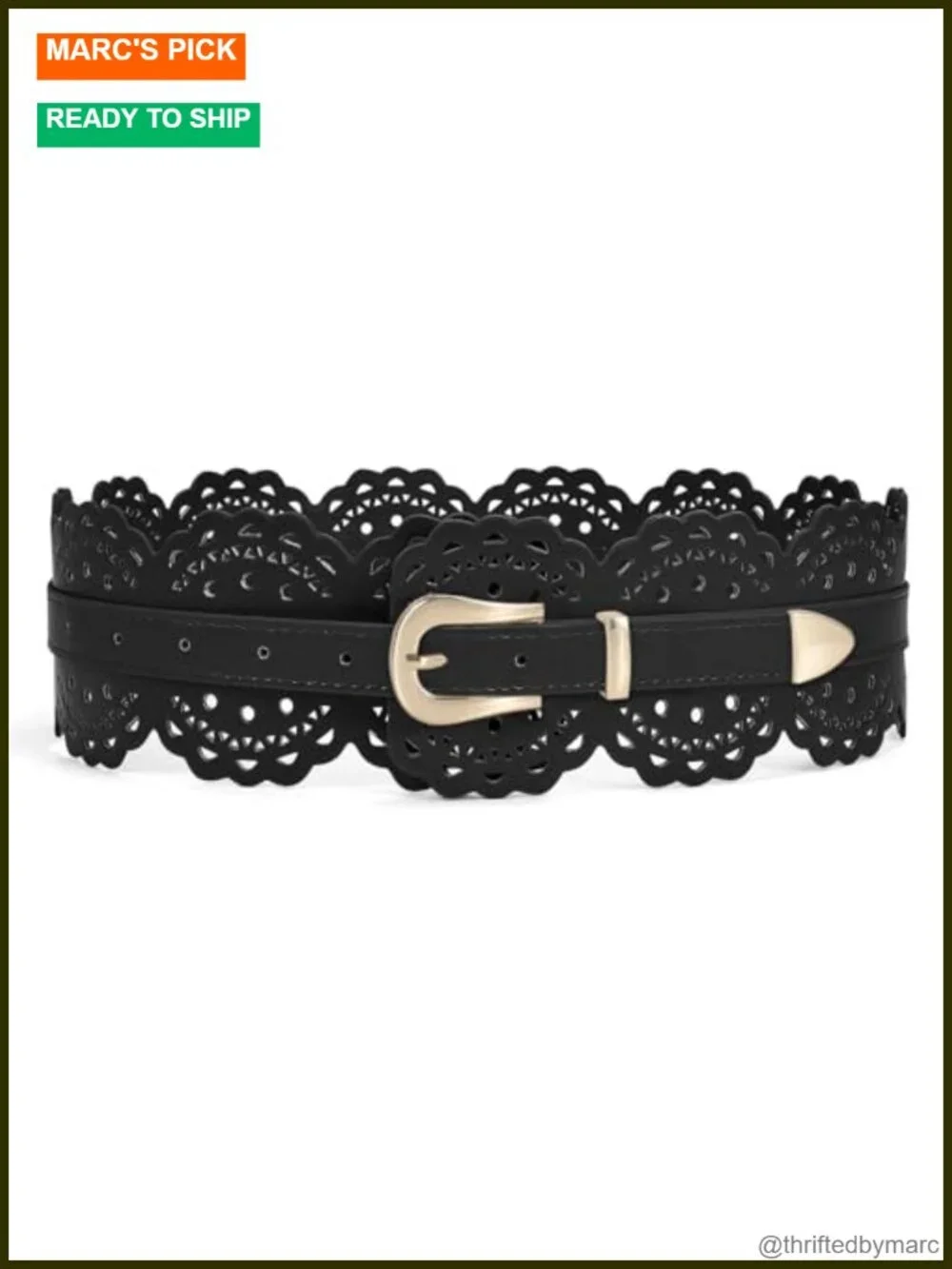 Wide Leather Waist Belt with Vintage Floral Design and Adjustable Prong Buckle